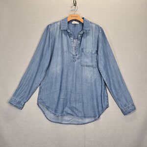 Cloth & Stone Blouse Women's Blue Denim Chambray Tunic Pocket Size Medium